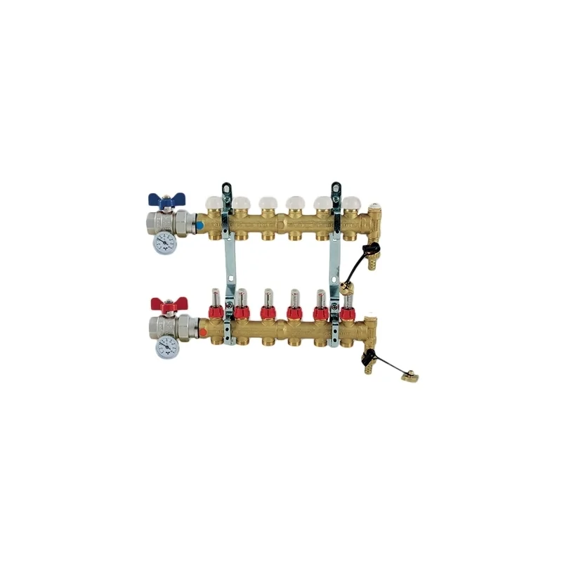 Collettore di distribuzione da 1" senza BY-PASS, con derivazioni 3/4"x18 EUROCONO e misuratori di portata
